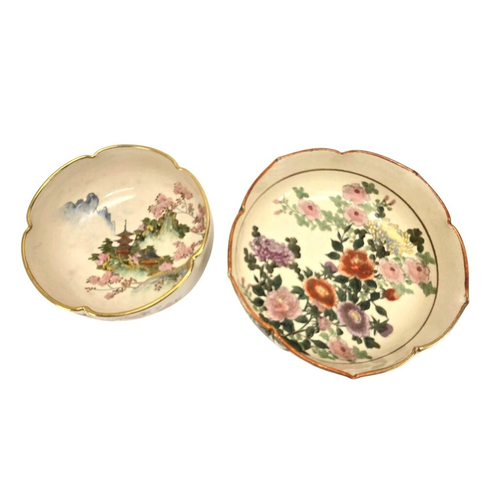 Vintage Japanese Hand-Painted Ceramic Bowls With Floral Landscape Designs je189